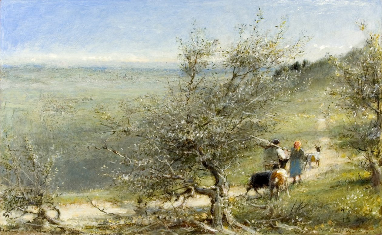 Florence from the Hills perto de Fresole, c.1860-c.1932 (óleo, caneta e tinta a bordo) de Albert Goodwin