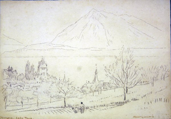 Lago Thun, Oberhofen (tinta e lápis sobre papel) de Albert Goodwin