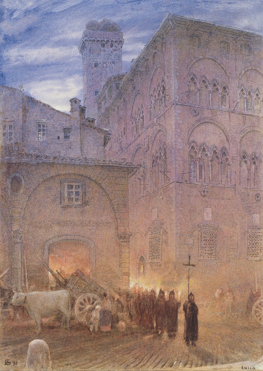 Lucca; Toscana; procissão religiosa; carrinho; vaca; de Albert Goodwin
