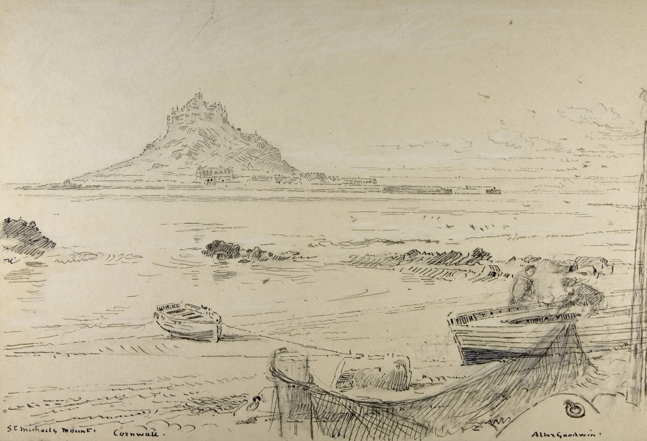 Monte São Miguel, Cornualha, c.1870-80 (lápis, tinta e giz de cera a bordo) de Albert Goodwin