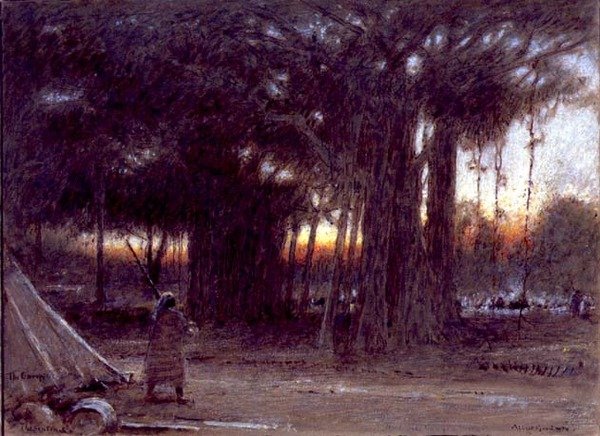 As Banyan Trees and the Sentinel (caneta e tinta, aguarela e guache) de Albert Goodwin