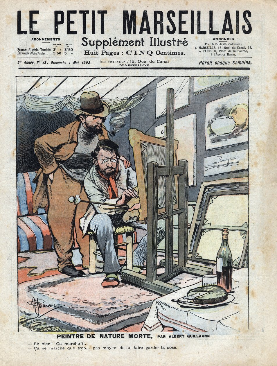 Um pintor em um sótão pintando naturezas mortas, a garrafa de vinho e o bolo usado como modelo não ficam parados. Ilustração de Albert Guillaume (1873-1942) de "Le petit Marseillais" 04/05/1902 de Albert Guillaume