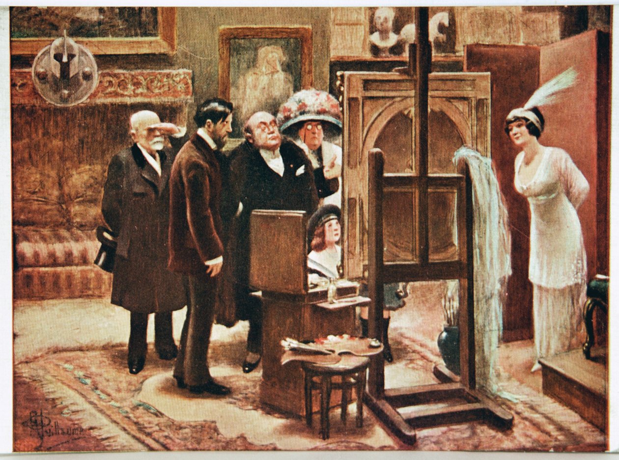Arte. Artes Plásticas. Pintor mostrando a sua criação. Cartão postal de Alfred Guillaume, França, c.1920 (cartão postal) de Albert Guillaume