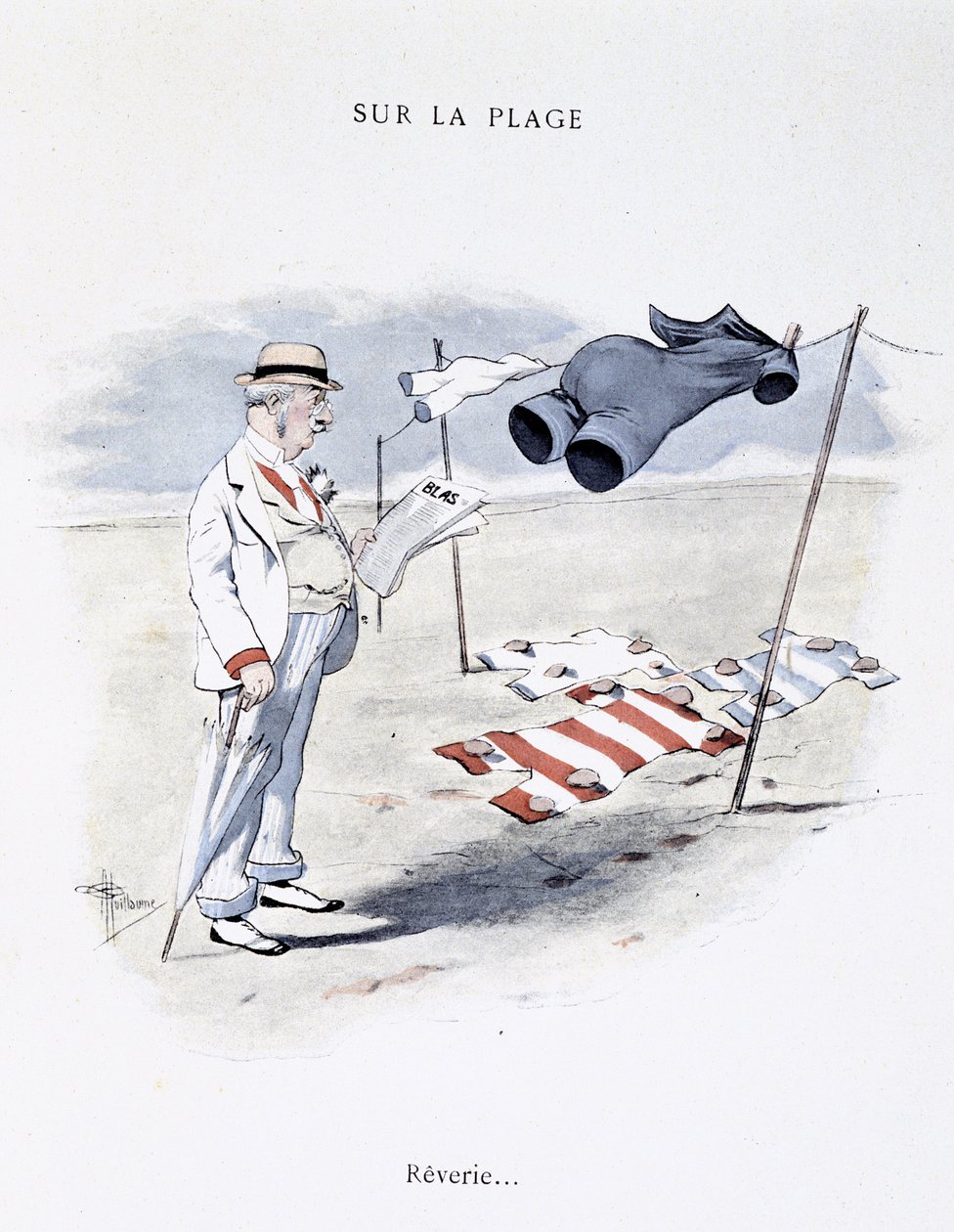 Desenho animado sobre lazer na praia em "Etoile de mer" de Guillaume 1900 de Albert Guillaume