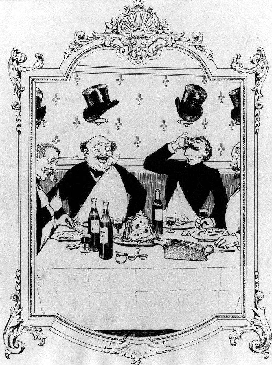 Quatro homens bebendo durante uma refeição em um restaurante - desenho de Guillaume em "Memoir d