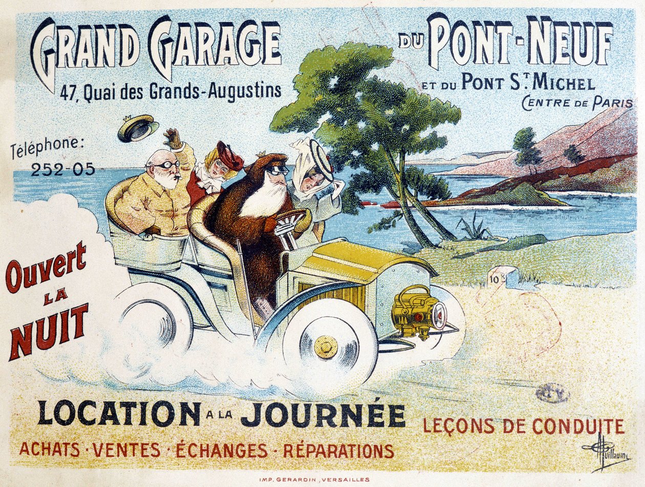 Grand Garage du Pont-Neuf: aluguer, aulas de condução, compra, venda, reparações - Cartaz publicitário de Albert Guillaume (1873-1942), cerca de 1900 de Albert Guillaume