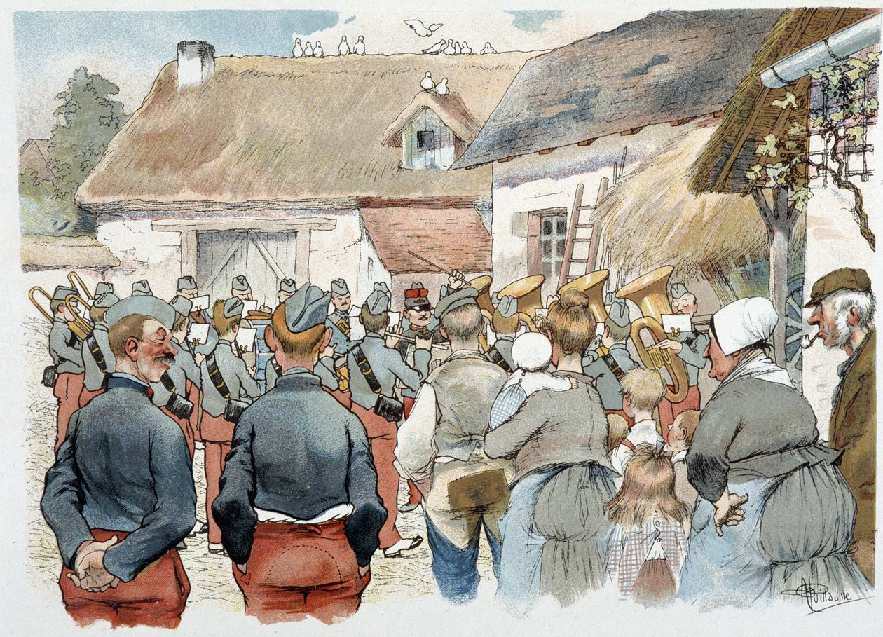 Banda militar numa aldeia em "Álbum Militar" de Albert Guillaume (1873-1942), por volta de 1900 de Albert Guillaume