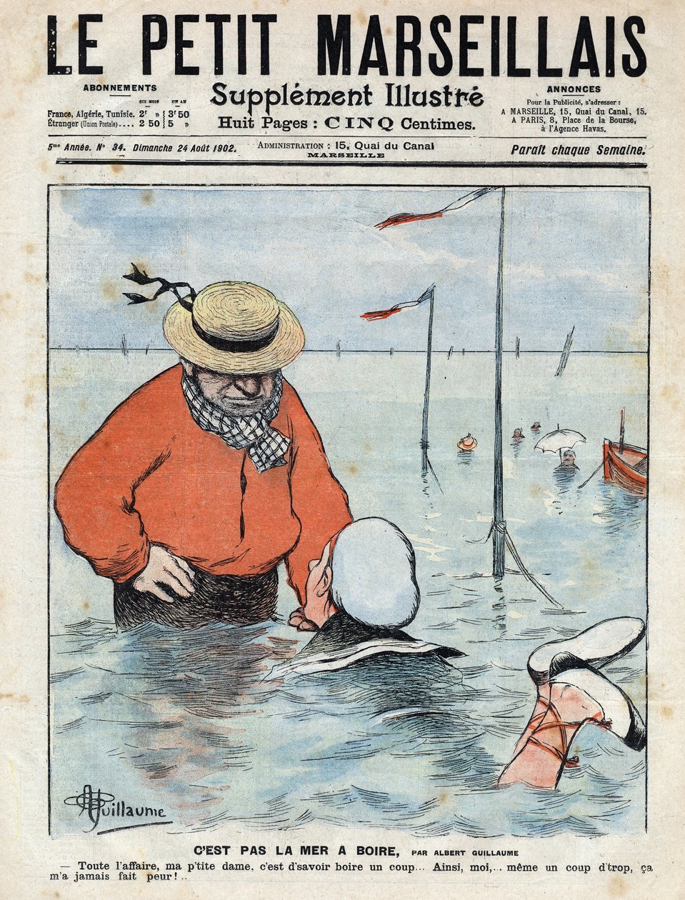 Pequena cena cômica retratando uma senhora aprendendo a nadar sob o olhar de outro nadador, amante da bebida. Ilustração de Albert Guillaume de "Le petit Marseillais" 24/08/1902 de Albert Guillaume