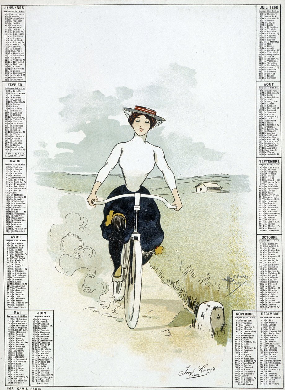 Mulher sobre um bicliclette - desenho de Guillaume, calendário de Albert Guillaume