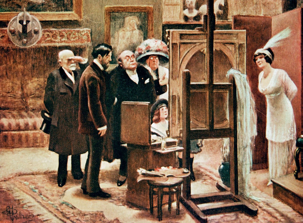 um pintor mostrando a sua pintura, c. 1920 (impressão) de Albert Guillaume