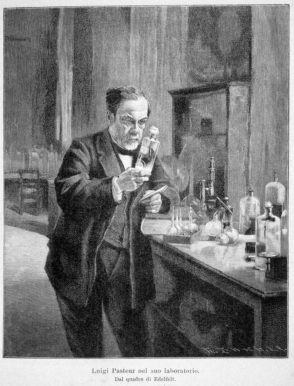 Louis Pasteur em seu laboratório de acordo com a pintura de Edelfelt de Albert Gustaf Aristides (after) Edelfelt