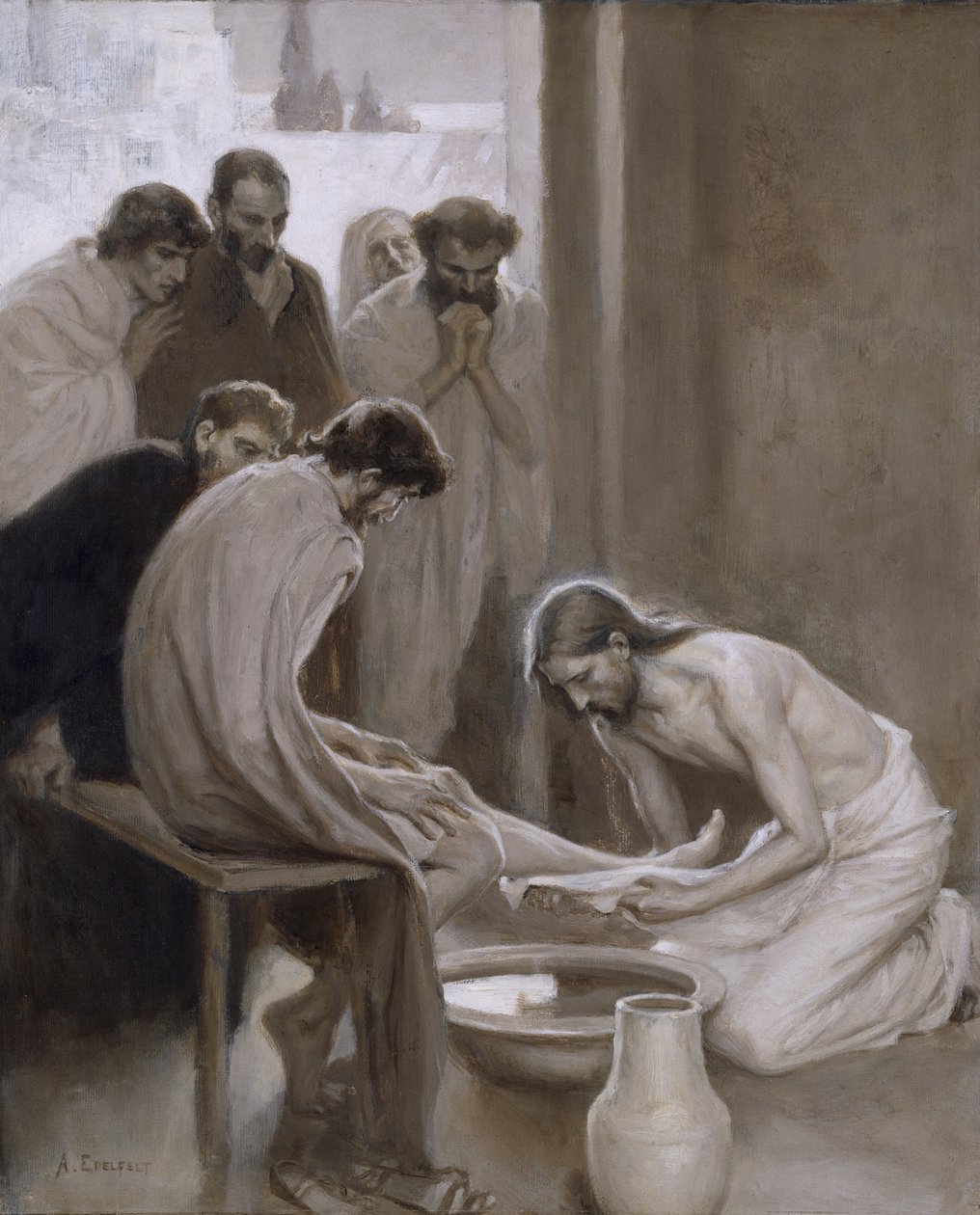 Jesus lavando os pés de seus discípulos, 1898 (óleo e grisalha no papel) de Albert Gustaf Aristides Edelfelt
