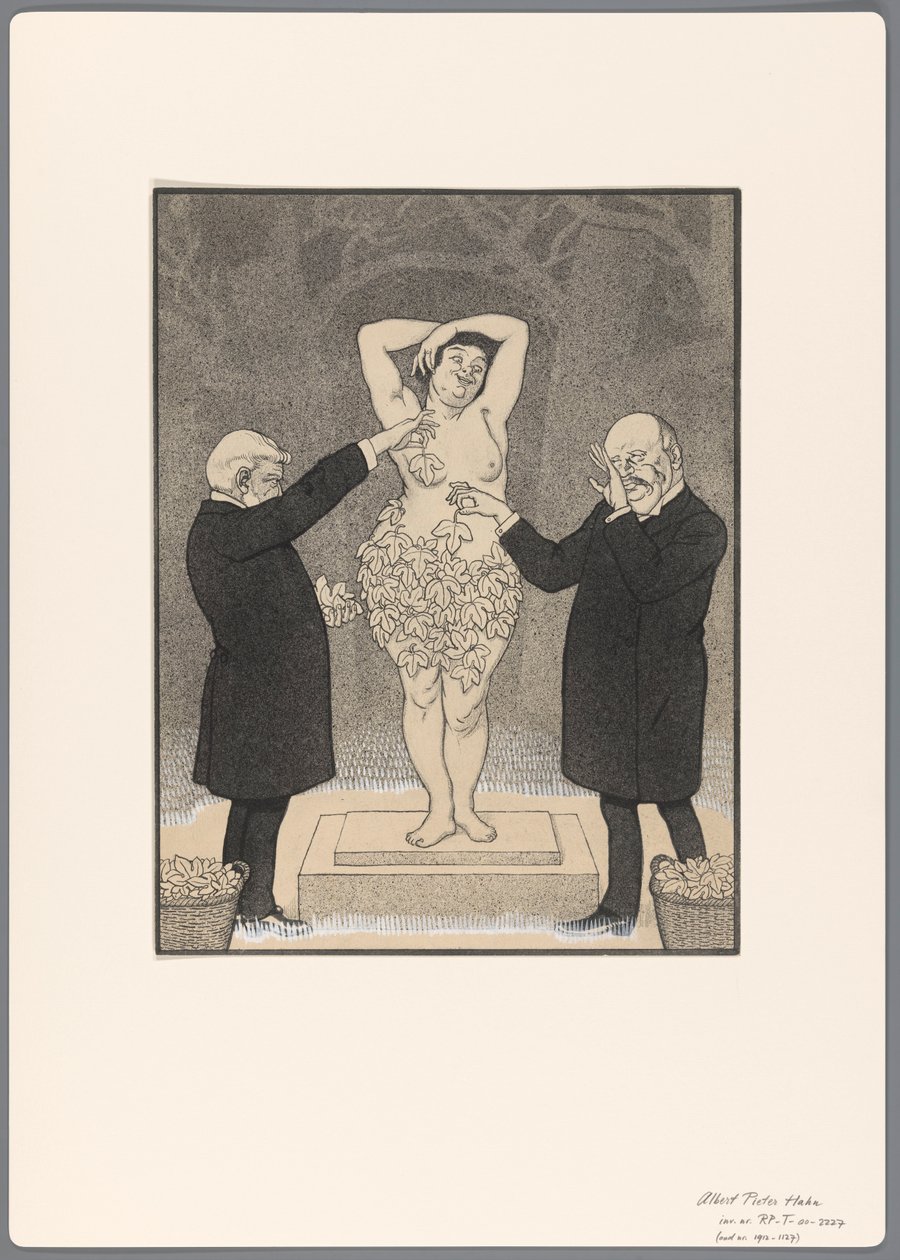 Design para um cartoon político: dois cavalheiros cobrem uma mulher nua em pé com folhas de figueira de Albert Hahn (I)