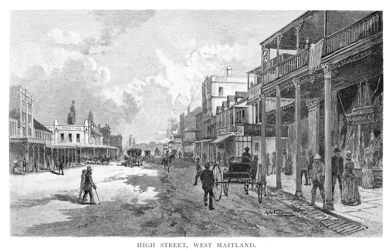 Rua principal, Maitland ocidental, Novo Gales do Sul, Austrália, 1886. de Albert Henry Fullwood