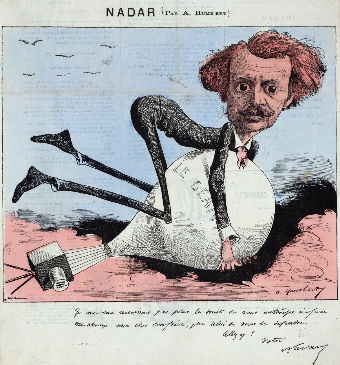 desenho animado mostrando Nadar e seu balão quente, c.1863 (litografia) de Albert Humbert