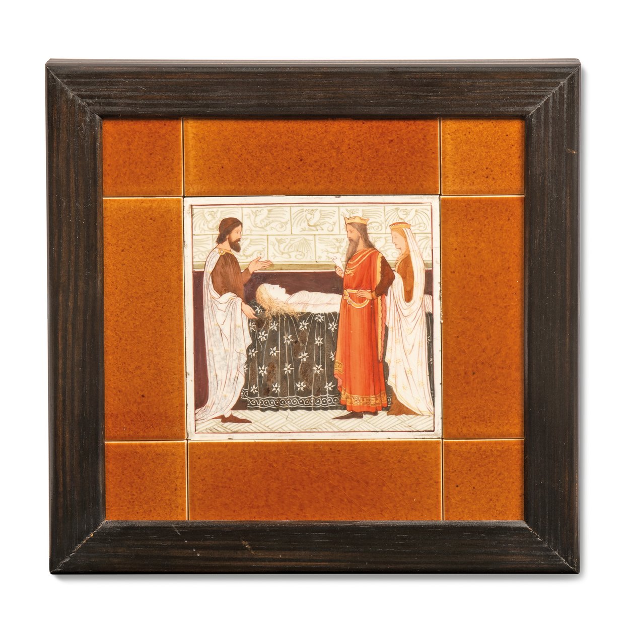 Azulejo pintado com uma cena medieval, c.1880-99 (cerâmica pintada) de Albert Joseph (attr.to) Moore