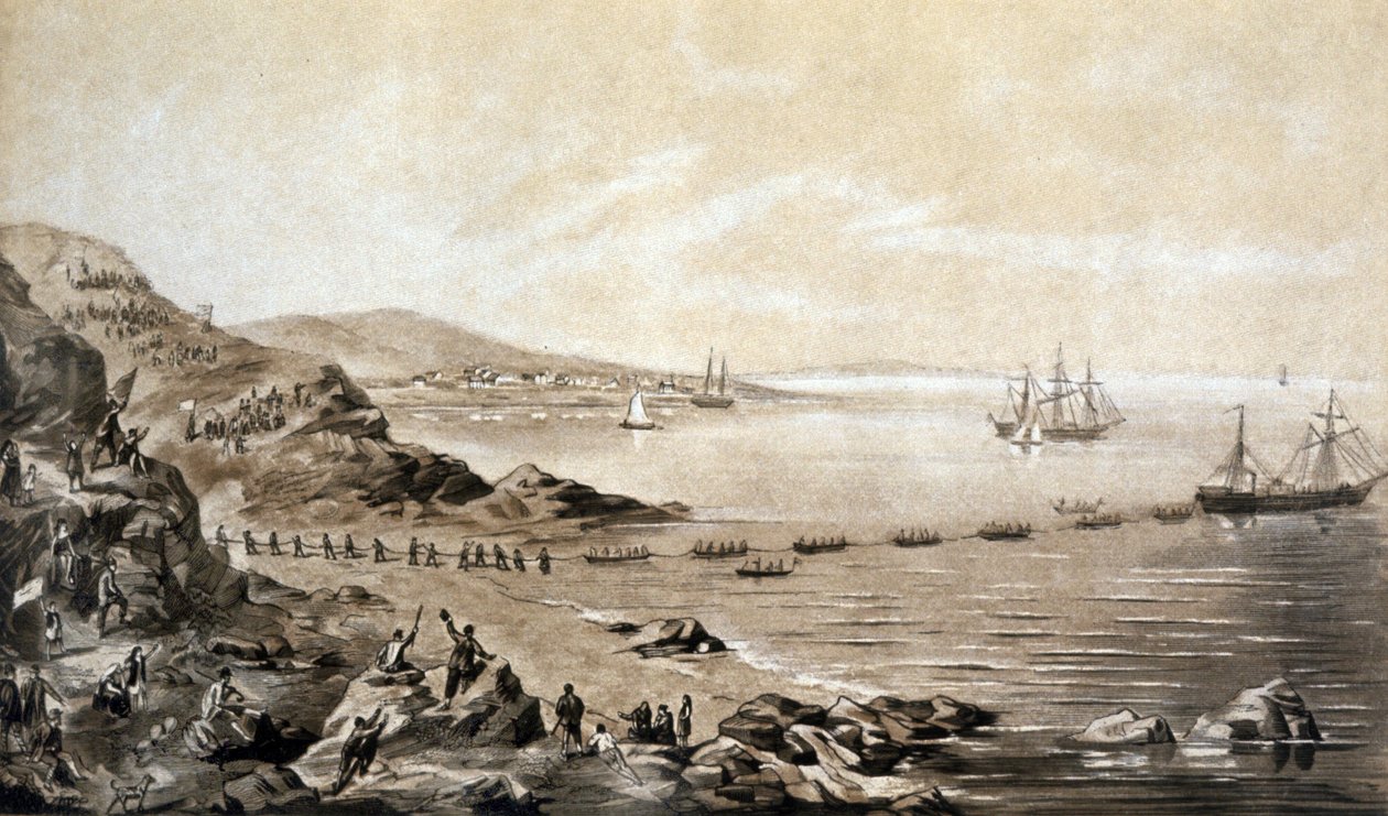 instalação do primeiro cabo telegráfico transatlântico entre a Irlanda e o Canadá (1857) gravada por Albert Kruger c.1870 de Albert Kruger