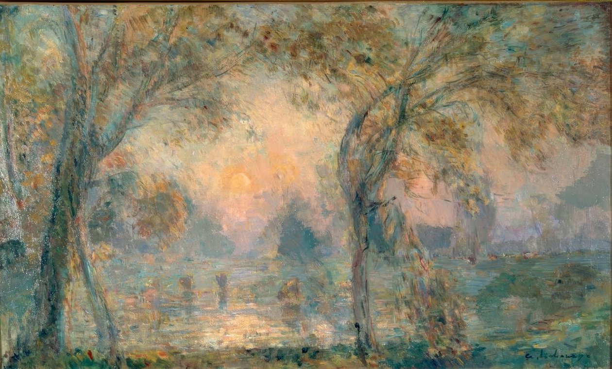 Nascer do sol na lagoa, manhã de outono em Hondouvill de Albert Lebourg