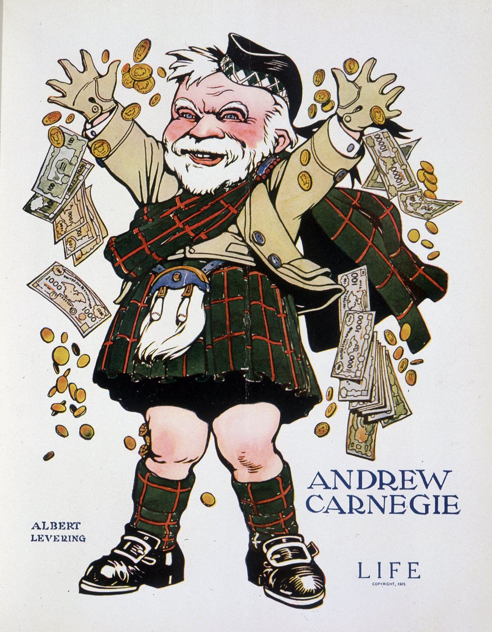 Retrato de Andrew Carnegie em terno xadrez e jogando dinheiro - por Albert Levering (1869-1929), em "Life" de 13/04/1905 de Albert Levering