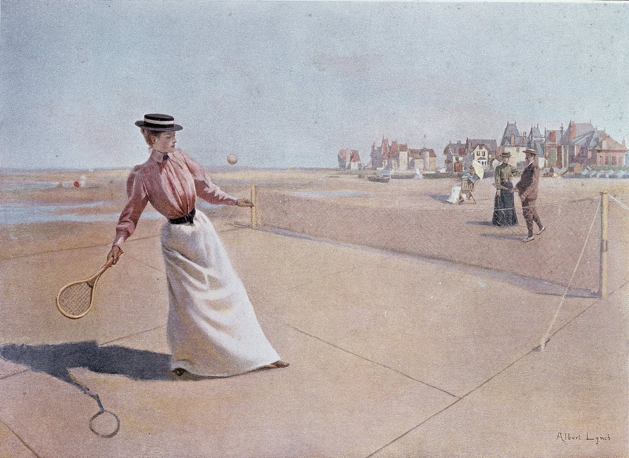 Jogo de ténis amador na praia - desenho de Lynch, século XX de Albert Lynch