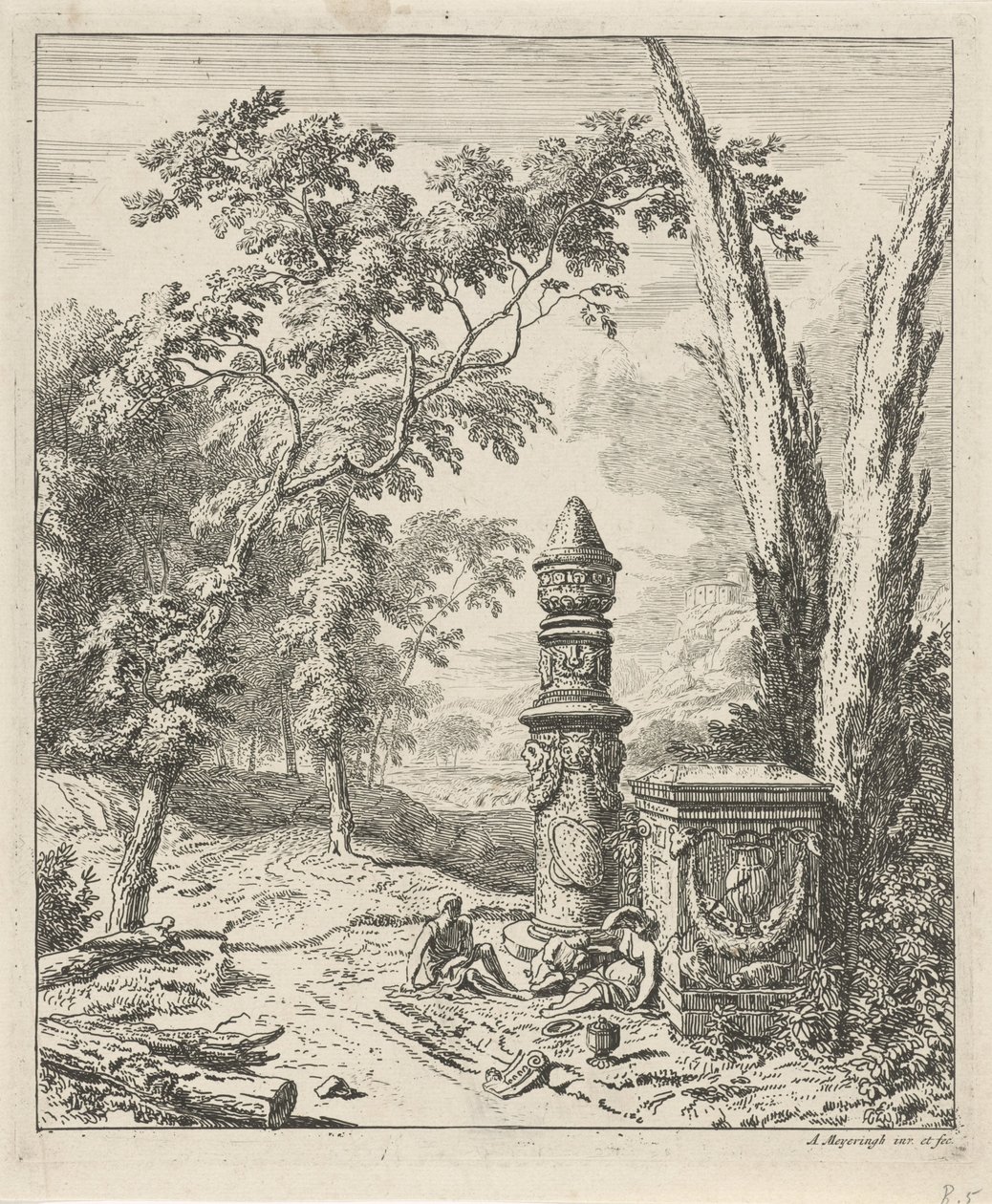Paisagem com figuras de repouso perto de um monumento grave
Paisagens (título da série) de Albert Meyering