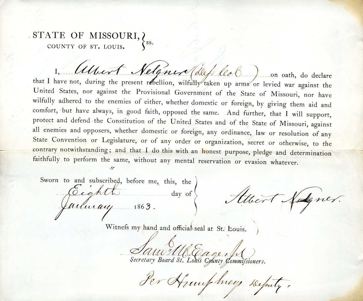 Juramento de lealdade de Albert Nelgner do Missouri, Condado de St.Louis de Albert Nelgner