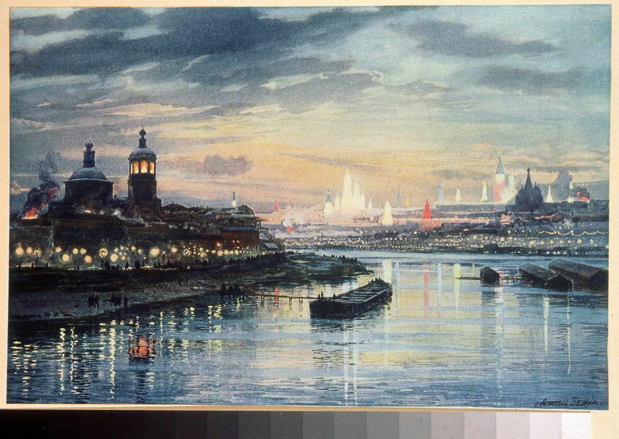 Iluminações a Moscou (Iluminação em Moscou). Desenho de Albert Nikolayevich Benois (1852-1936). Litografia colorida, arte russa do século XIX. Biblioteca Estatal Russa, Moscou. de Albert Nikolayevich Benois