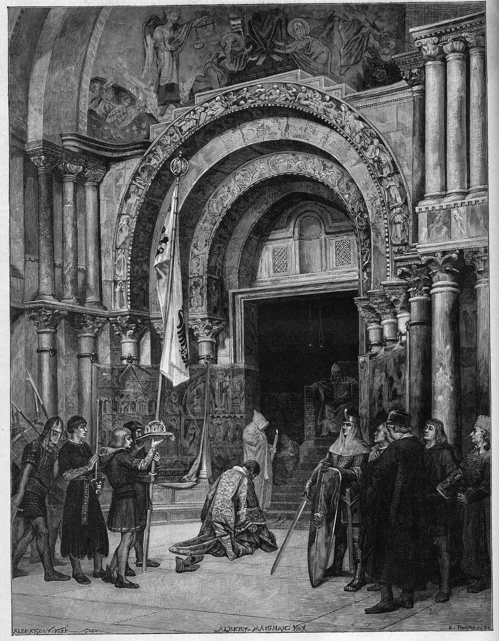 Frederic Barberose aos pés do Papa. O imperador Frederico I de Hohenstaufen (1122-1190) prostra-se ao Papa Alexandre III (1105-1181) que o espera sob a porta de São Marcos (San Marco) em Veneza em 1177. Gravura depois de um quadro de Albert Maignan (1 de Albert Pierre René (after) Maignan