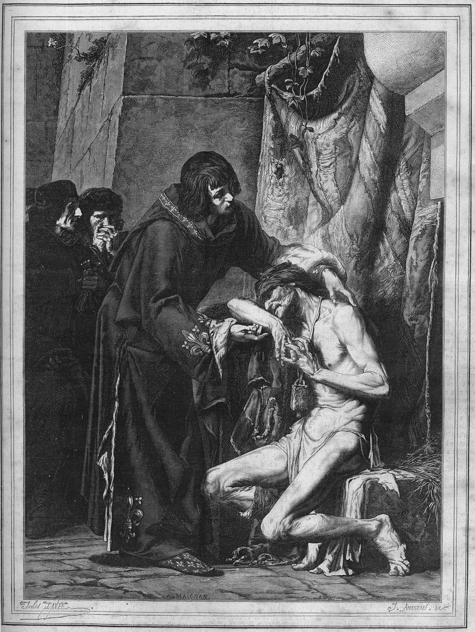 Louis IX consola um leproso: o Rei de França Saint Louis (1214-1270) e uma pessoa doente durante um surto de lepra. Gravura de 1878 do quadro de Albert Maignan (1845-1908). de Albert Pierre René (after) Maignan