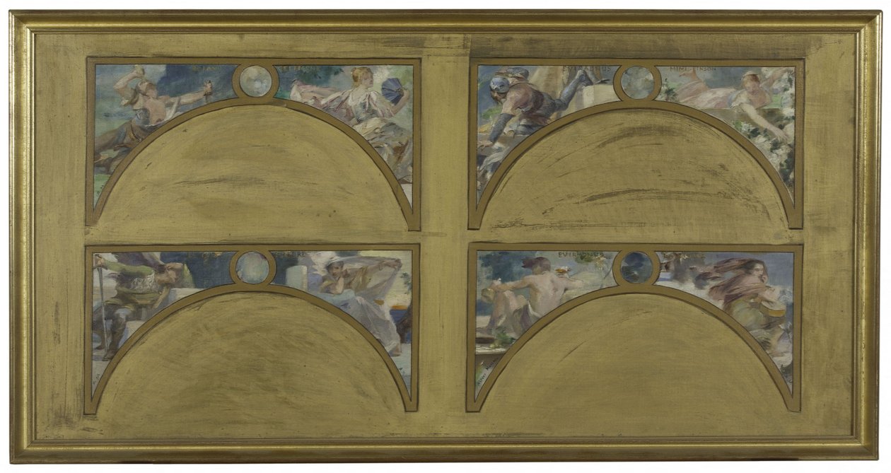 Esboço para o Salon des Lettres na Câmara Municipal de Paris: as grandes obras literárias (La Chanson de Roland, Le Misanthrope, Eviradnus, Mimi Pinson, Le Cid, Phèdre, Pantagruel, La Cigale), cerca de 1890 (óleo sobre tinta preta sobre tela) de Albert Pierre Rene Maignan