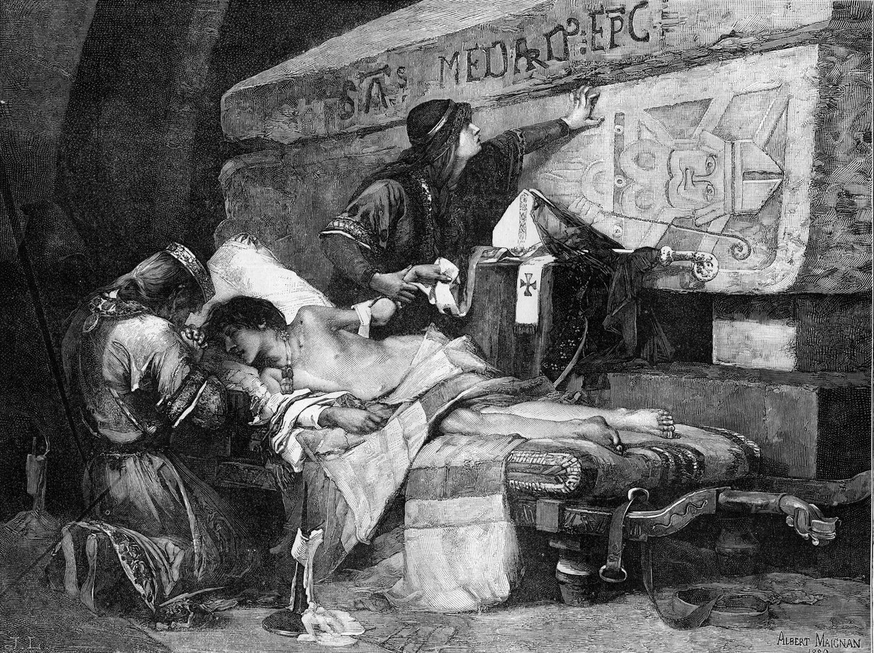 O último momento de Chlodobert (ou Clodebert morreu em 580). "Fredegonde e Chilperic colocaram seu filho em uma maca deitada perto do túmulo de São Medardo, mas o homem doente caiu em agonia..." Gravura depois do quadro de Albert Maignan (1845-1908). E de Albert Pierre Rene Maignan