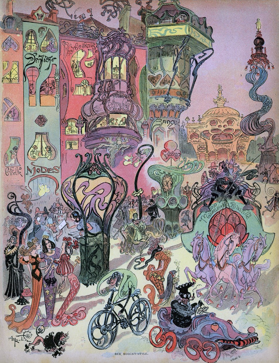 Vista antecipada do estilo moderno parisiense do desenhador Albert Robida. Neste belo desenho, vemos a influência de Robida sobre os criadores de bandas desenhadas dos anos 1960-1980, nomeadamente Fred (Othon Aristides, "Aventuras de Philemon") e Forest (B de Albert Robida