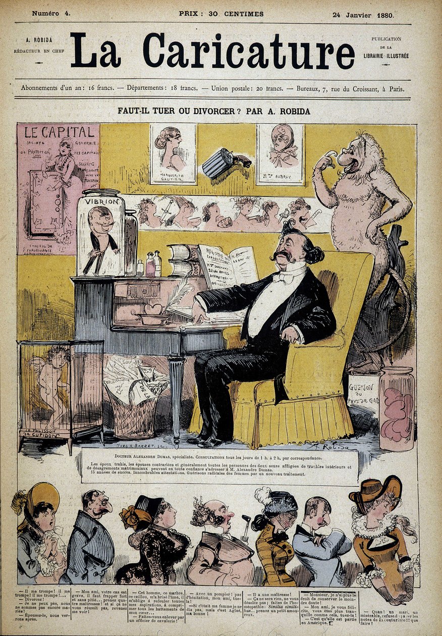 Alexandre Dumas em Especialista em Divórcio por Albert Robida (1848-1926), Couv. "The Cartoon" 24/02/1880. de Albert Robida