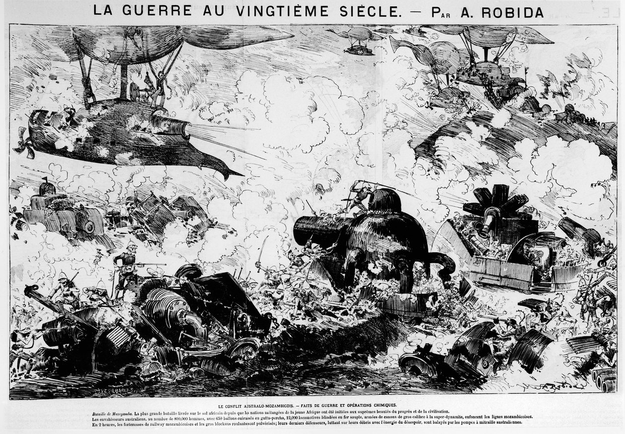 Antecipação: Batalha de Mazayamba: o conflito australo-moçambicano, guerra e operações químicas - em "A guerra no século 20", de A. Robida de Albert Robida