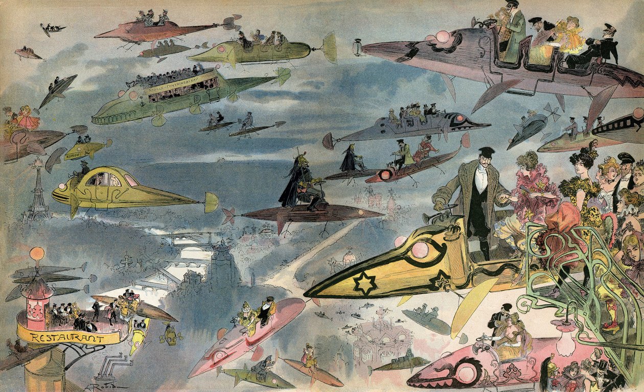 Antecipação: o lançamento da Ópera de Paris em 2000, vista pelo desenhador Albert Robida em 1900. Os parisienses circulam por todos os tipos de veículos aéreos. de Albert Robida