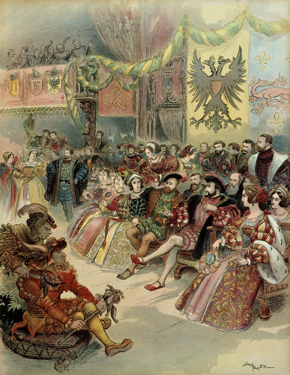 Bal na corte do rei de França, François 1 (1494-1547), com a presença de Carlos V (1500-1558) rei de Espanha e imperador do Sacro Império Romano germânico, no castelo de Fontainebleau, em 1539. Ilustração de Albert Robida