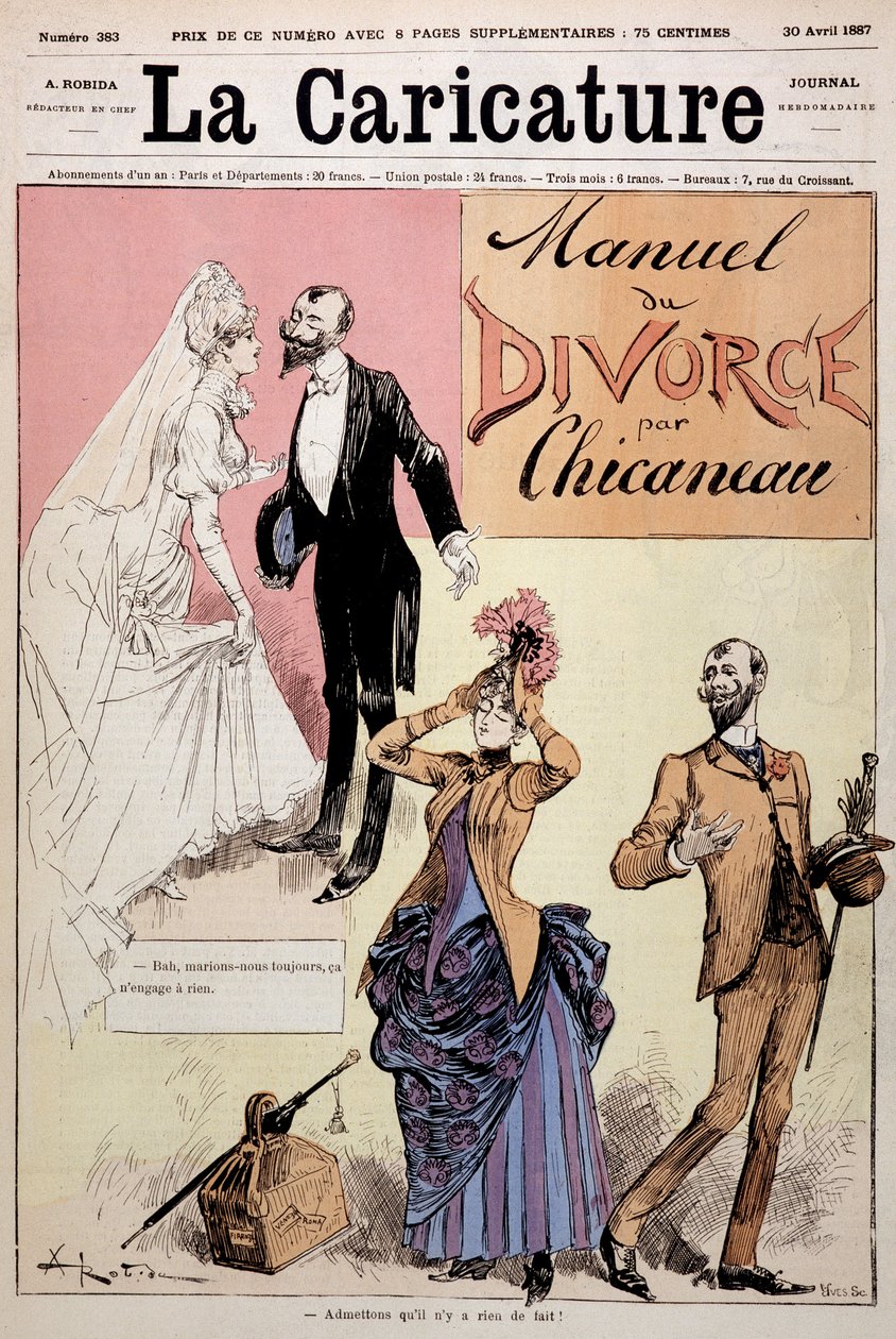 Casado e divorciado, "Le Manuel du divorce" de Chicaneau, ilustração de Albert Robida (1848-1926), couv. "A Caricatura", 30/04/1887. de Albert Robida