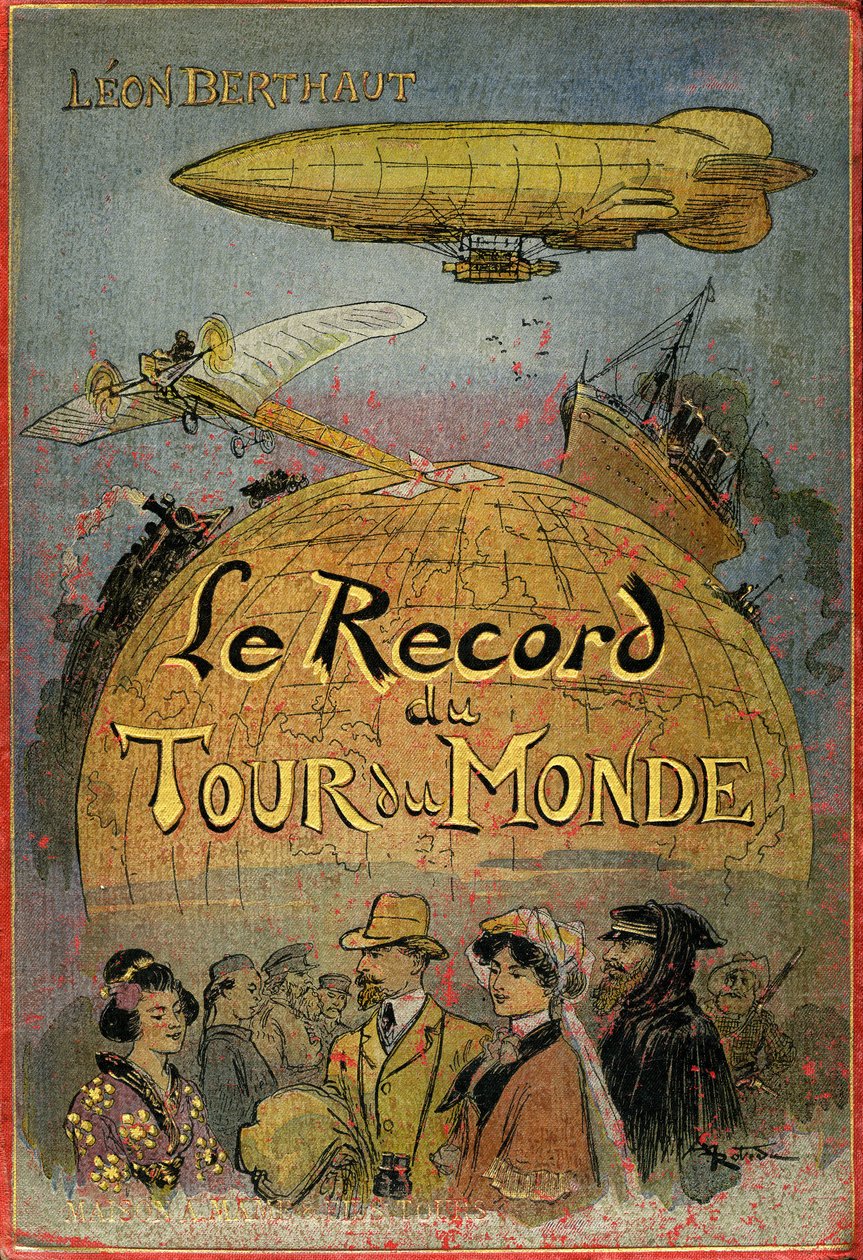 Capa ilustrada por Albert Robida (1848-1926) do livro de Leon Berthault "Le record du tour du monde", edição Mame debut 20eme century (1911) - Trata-se de um romance de aventuras "julesvernerie" fortemente inspirado na obra de Júlio Verne e no seu "Extraor de Albert Robida