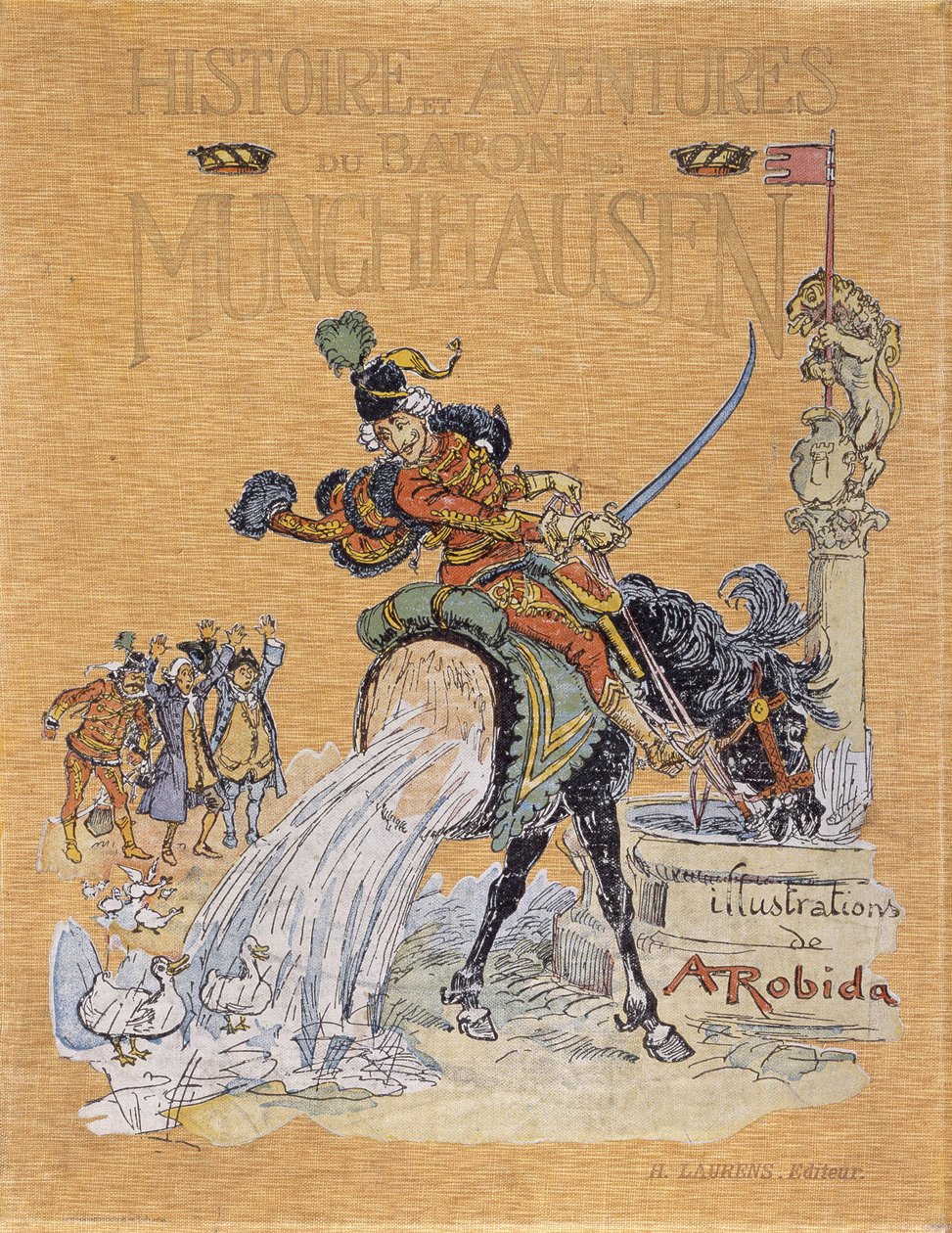 Capa de "Histórias e Aventuras do Barão de Munchausen" (Munchhausen) ilustrada por A. Robida (1848 - 1926). de Albert Robida
