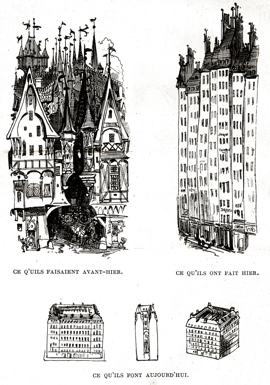 Crítica da fealdade da construção moderna em Paris com a arquitetura do passado, do presente e do futuro de Albert Robida