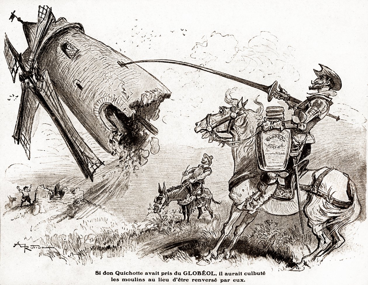 Don Quixote para um anúncio do fortificante Globeol, por volta de 1916 (ilustração) de Albert Robida