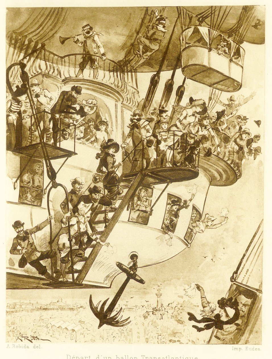 Partida de um balão transatlântico, de Le Vingtieme Siecle, pub. 1883 de Albert Robida