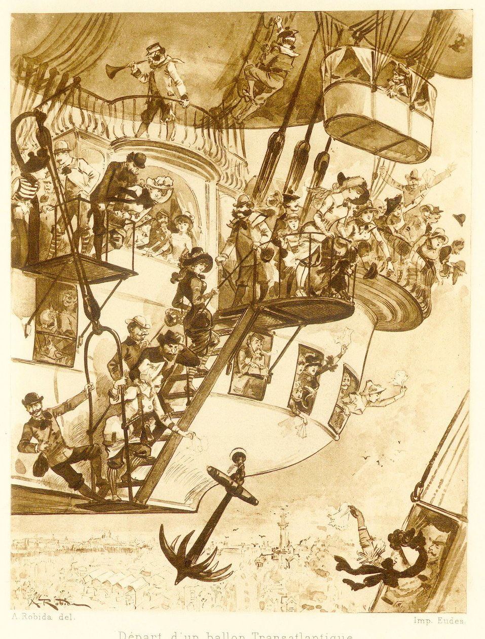 Saída de um balão transatlântico, de Le Vingtieme Siecle, pub. litografia de 1883, 1883. de Albert Robida