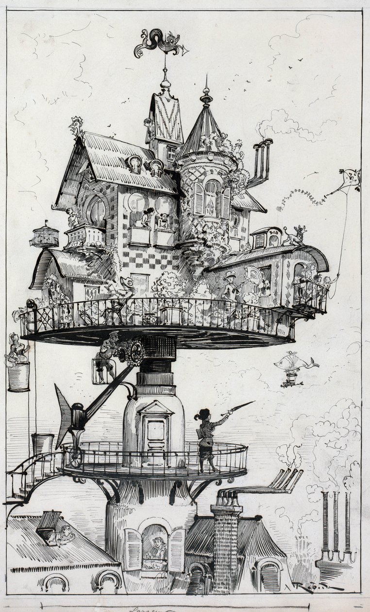 O desenho mostra uma estrutura de habitação elevada acima dos telhados e concebida para girar e ajustar-se em várias direcções, desenho de Albert Robida c. 1883 de Albert Robida