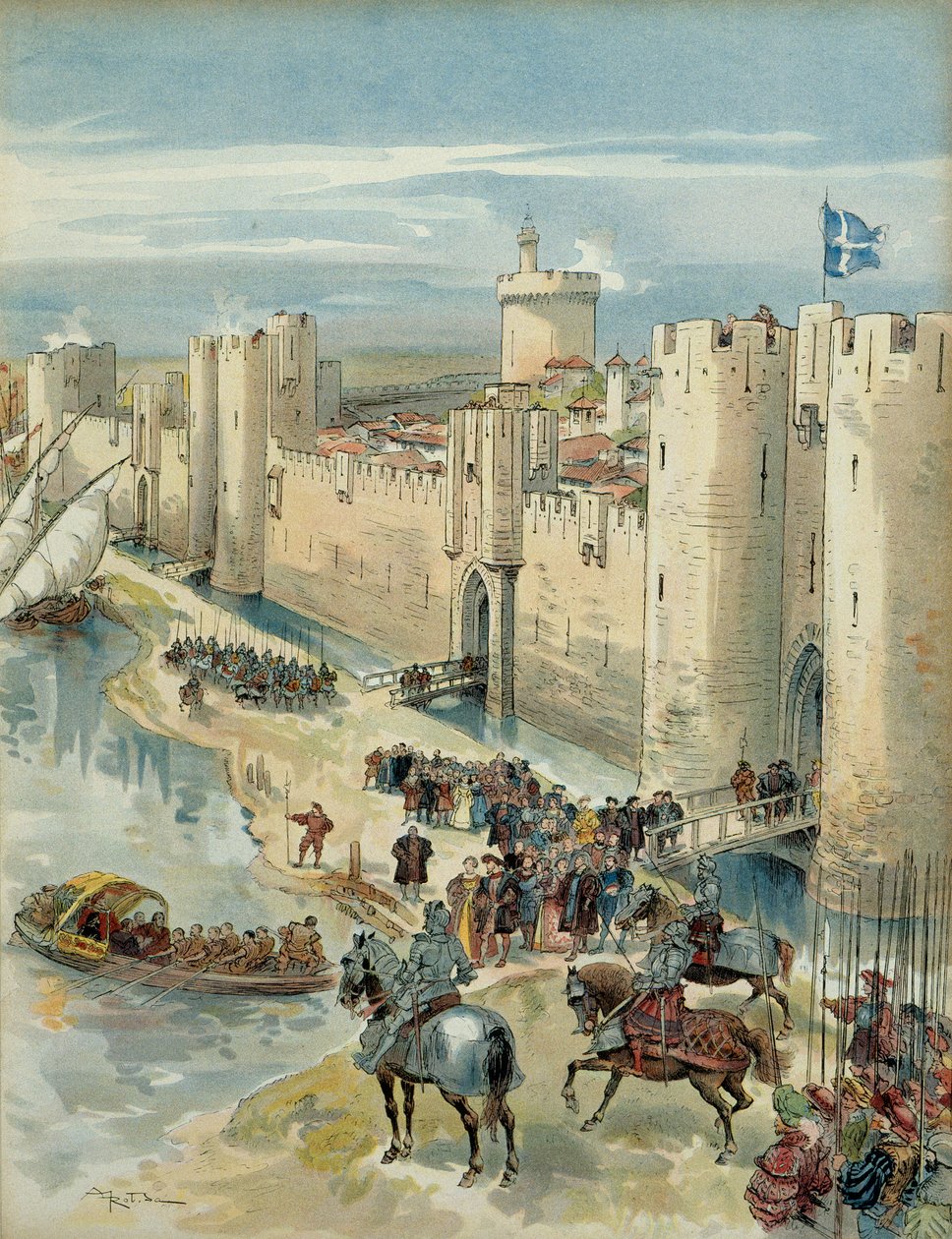 Oitava Guerra Italiana (1536-1538): entrevista de Aigues Mortes (ou treve de Aigues Mortes) a 14 de Julho de 1538, encontro entre François I (1494-1547), Rei de França e Carlos V (1500-1558), Rei de Espanha e Imperador do Sacro Império Romano Germânico. Il de Albert Robida