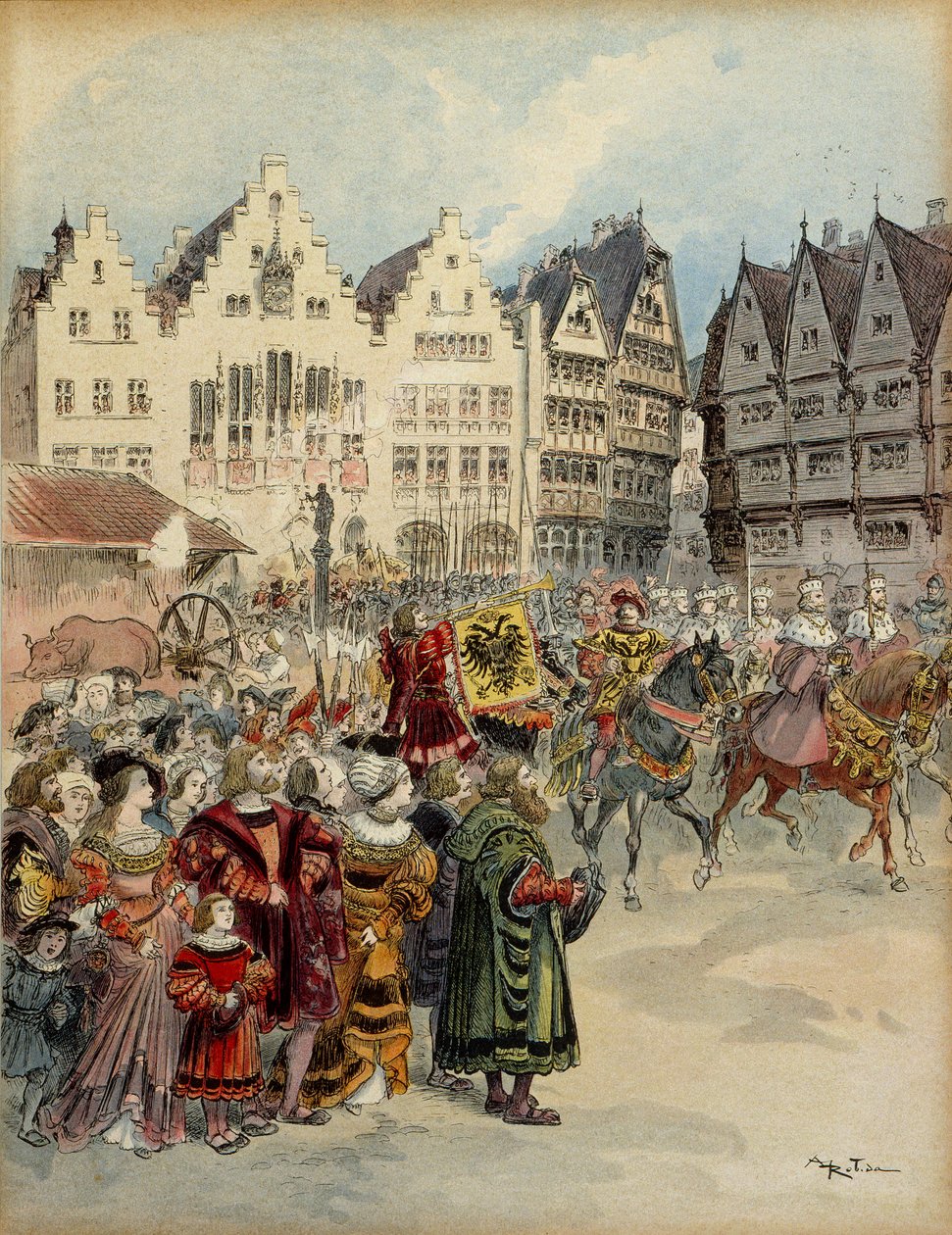 Eleição de Carlos V (1500-1558) como Imperador da Alemanha em 28 de Junho de 1519. O cortejo dos sete eleitores percorre as ruas de Frankfurt (Alemanha). Ilustração de Albert Robida