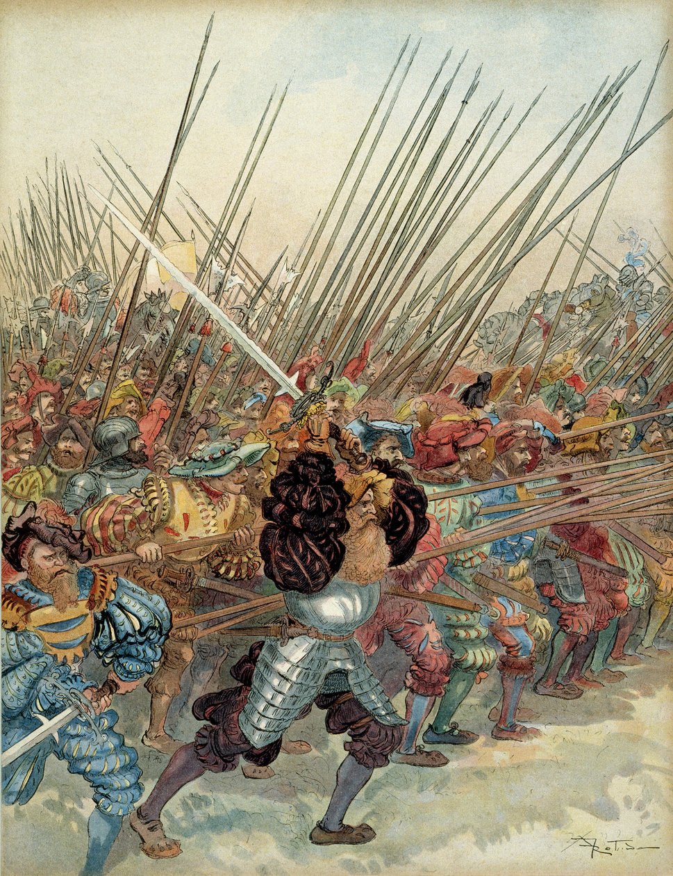 Quinta Guerra Italiana (1515-1516): Carga suíça sobre as armas de François I (1494-1547) e seus aliados venezianos em Marignan (Itália) de Albert Robida