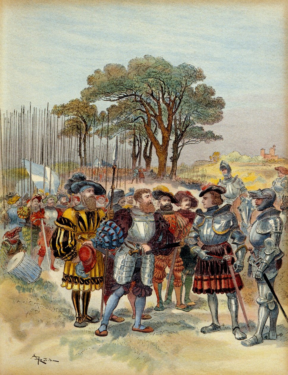 Quinta Guerra Italiana (1515-1516): no acampamento retirou-se do Bicocca (bicoque) em frente a Milão (Itália), em 1516, os suíços exigiam pagamento, conge ou batalha, Odet de Foix, Visconde de Lautrec, marechal da França (1485-1528) não podia pagá-los. Ilu de Albert Robida