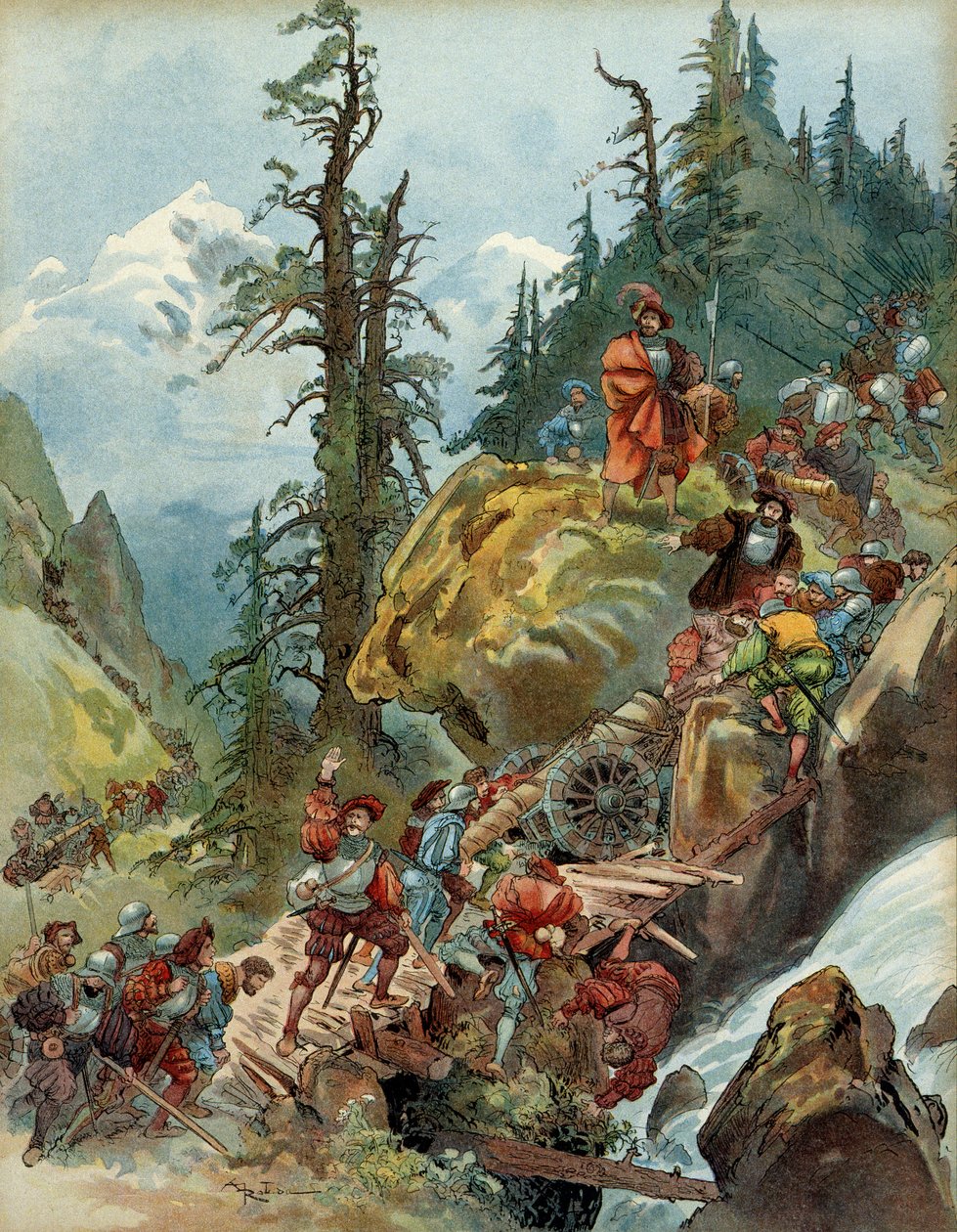 Quinta Guerra Italiana (1515-1516): a passagem dos Alpes em agosto de 1515, pelo Passo Larche, do exército de François I (1494-1547), a caminho da Itália. Ilustração de Albert Robida