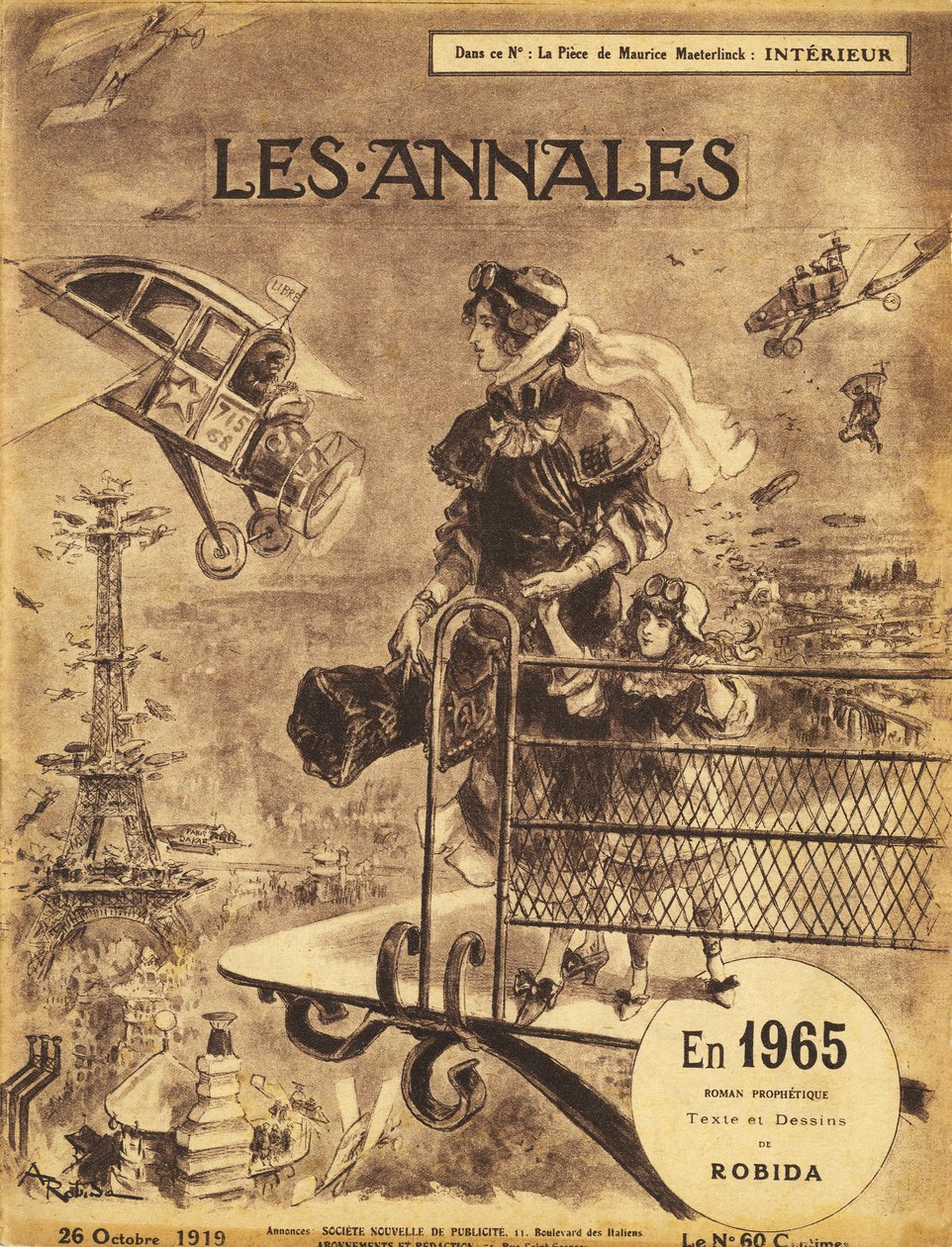 Primeira publicação do romance de antecipação profética "En 1965", de Albert Robida (1848-1926), em 1919, na revista "Annales Politiques et Litteraires" - Paris sofre um congestionamento de trânsito... no céu! Aviões auto-voadores (auto-voadores) e aviões- de Albert Robida
